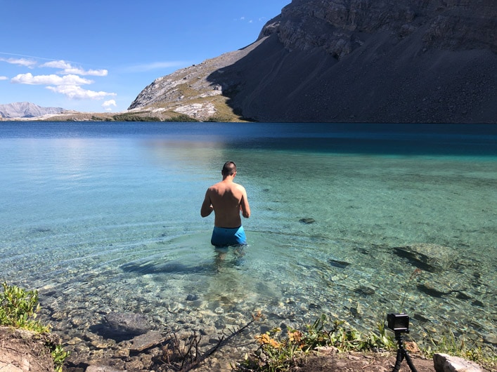 Hiking to Carnarvon Lake, Alberta swimming